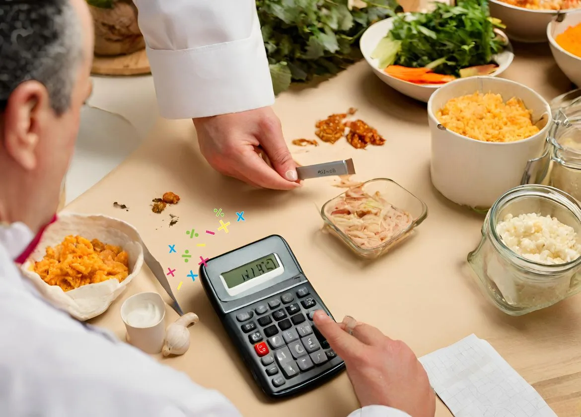 Dos chefs usando una calculadora al preparar una receta. Calculadora de cocina.