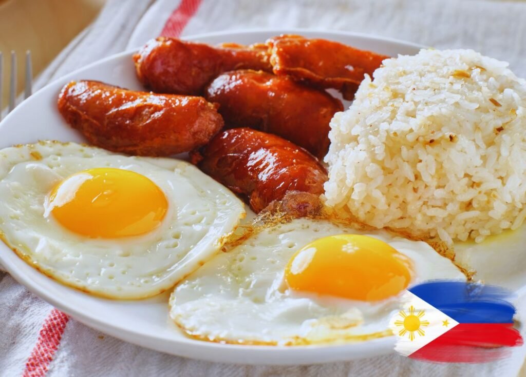 salchicha filipina Longganisa servida con huevos fritos y arroz blanco cocido