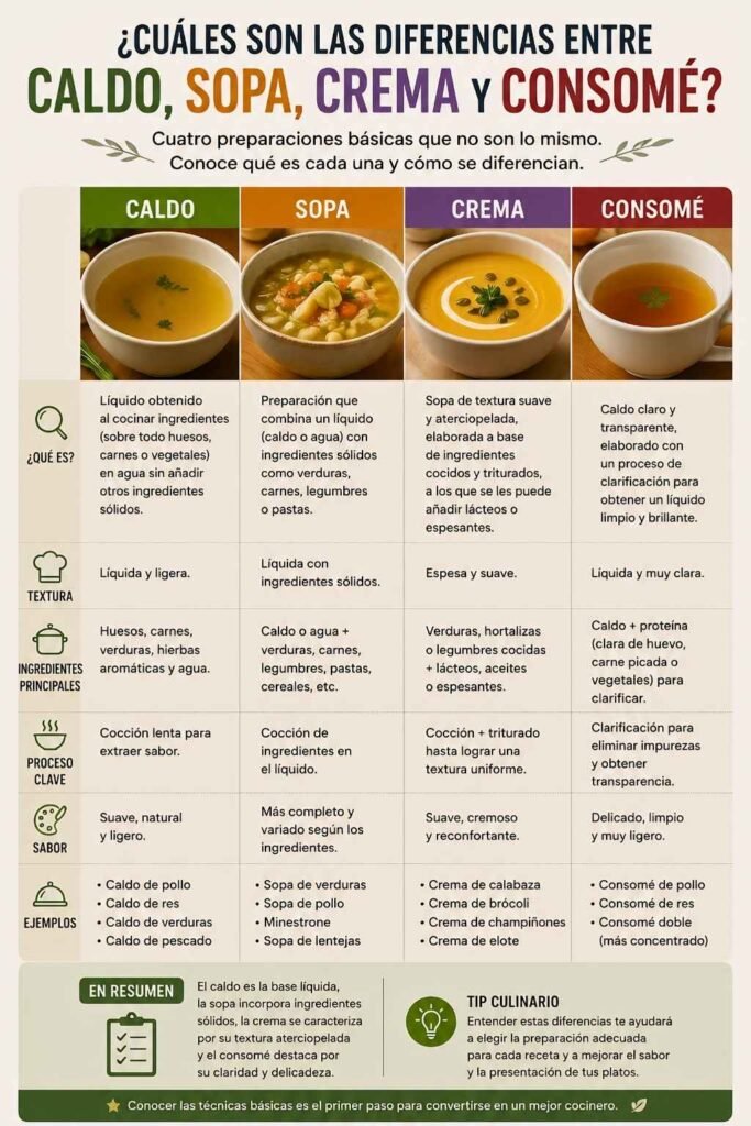 Infografía comparativa que explica las diferencias entre caldo, sopa, crema y consomé según textura, ingredientes, preparación y usos culinarios