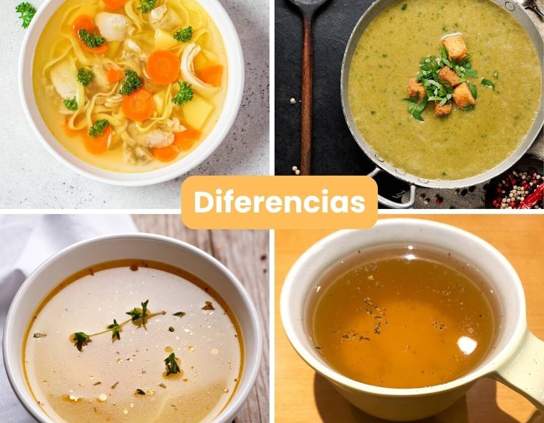 Collage comparativo con caldo, sopa, crema y consomé mostrando las diferencias entre estas preparaciones culinarias