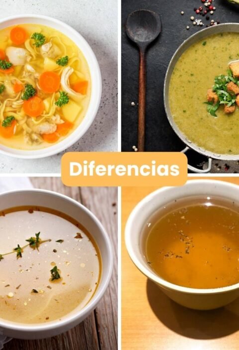 Collage comparativo con caldo, sopa, crema y consomé mostrando las diferencias entre estas preparaciones culinarias