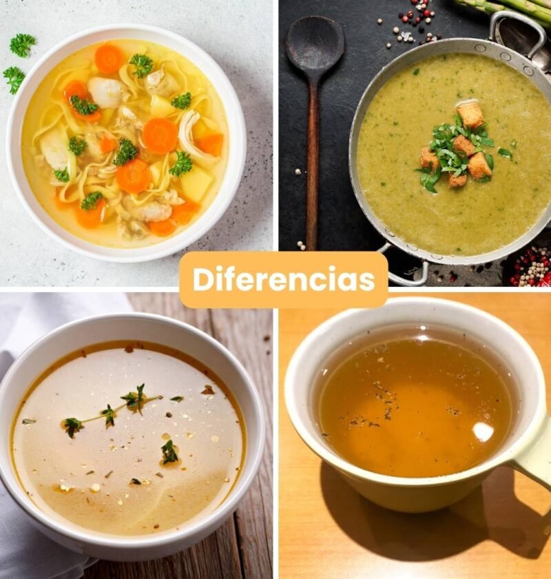 Collage comparativo con caldo, sopa, crema y consomé mostrando las diferencias entre estas preparaciones culinarias