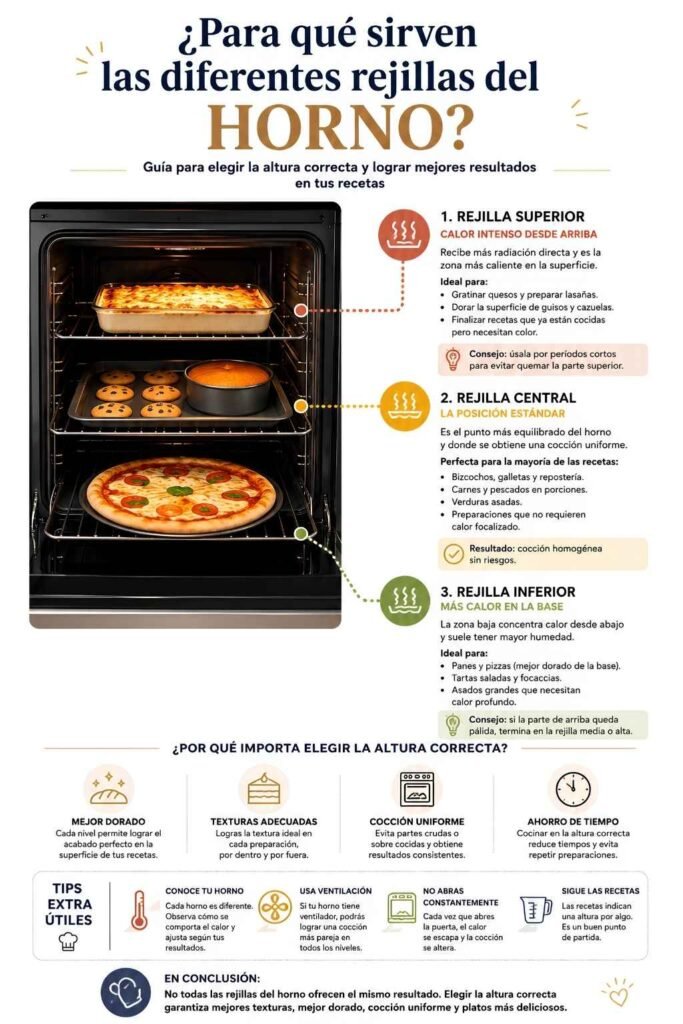 Infografía explicando para qué sirven las diferentes rejillas del horno y cuándo usar cada una