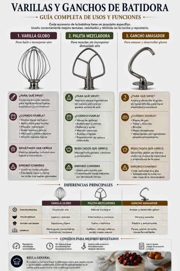 Infografía comparativa de varilla globo, paleta mezcladora y gancho amasador explicando sus funciones y diferencias