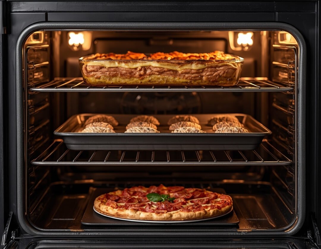 Horno moderno mostrando las diferentes rejillas con pizza, galletas y lasaña para explicar sus usos