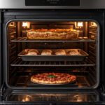 Horno moderno mostrando las diferentes rejillas con pizza, galletas y lasaña para explicar sus usos