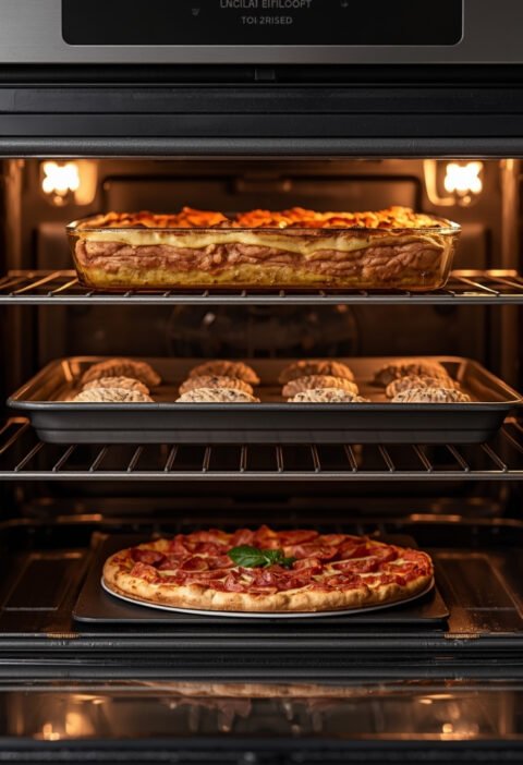 Horno moderno mostrando las diferentes rejillas con pizza, galletas y lasaña para explicar sus usos