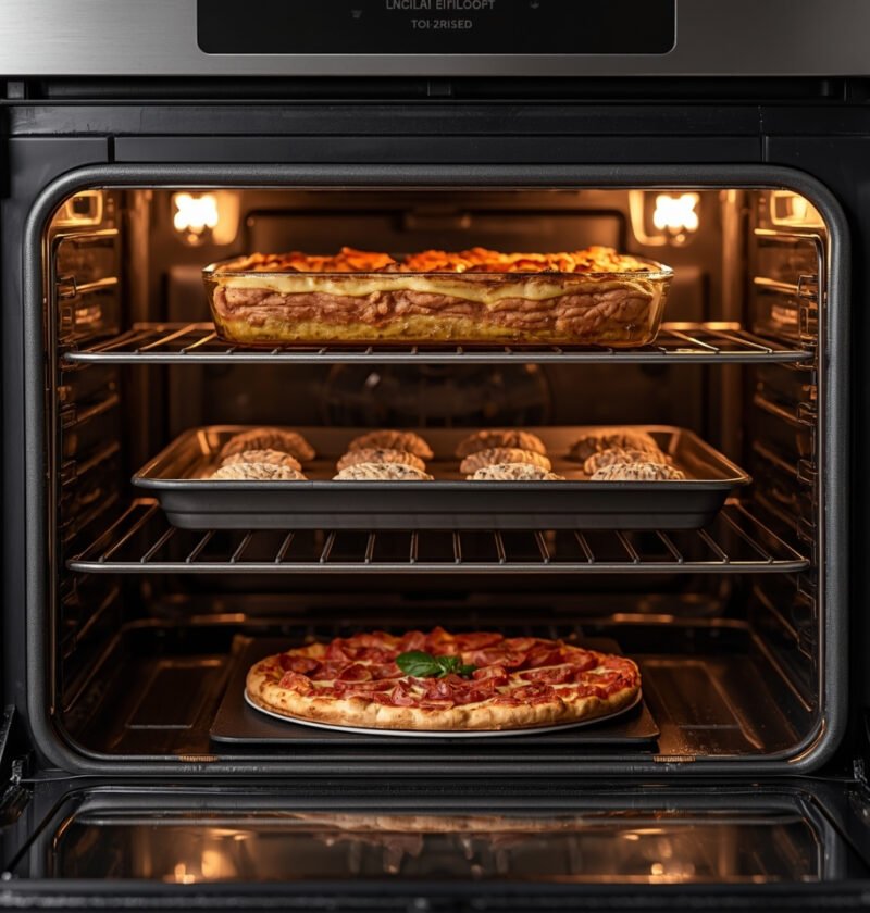 Horno moderno mostrando las diferentes rejillas con pizza, galletas y lasaña para explicar sus usos