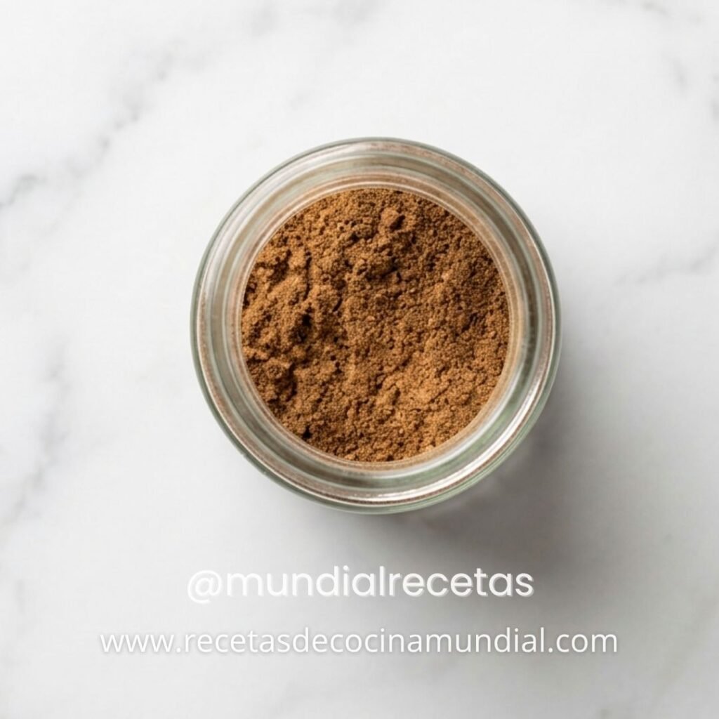 Mezcla de Baharat elaborada con siete especias tradicionales de Oriente Medio presentada en un cuenco de madera junto a las especias utilizadas para su preparación.