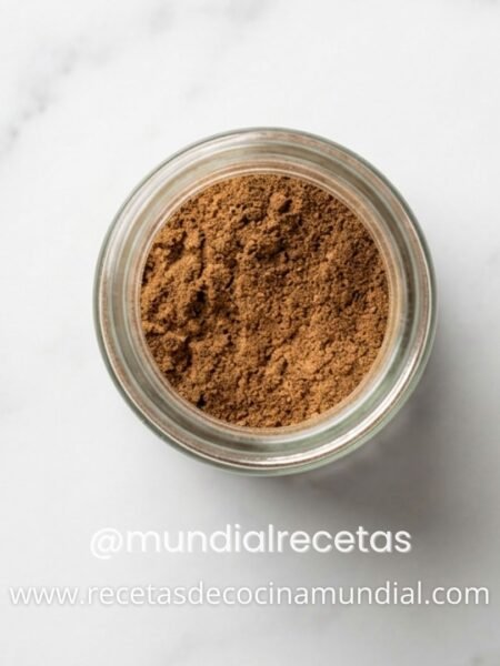 Mezcla de Baharat elaborada con siete especias tradicionales de Oriente Medio presentada en un cuenco de madera junto a las especias utilizadas para su preparación.